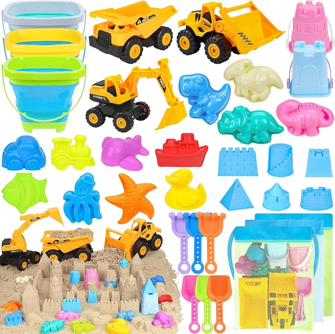 FHOZGECY Beach Sand Toys, 3 Construction Vehicles, 3 Collapsible Buckets, Sand Castle Molds with Travel Mesh Bags, Sandbox Play Set for Kids Ages 3-12, Multi‑Scene Play for Outdoor Summer Beach Games