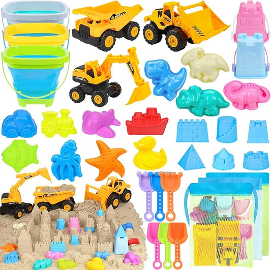 FHOZGECY Beach Sand Toys, 3 Construction Vehicles, 3 Collapsible Buckets, Sand Castle Molds with Travel Mesh Bags, Sandbox Play Set for Kids Ages 3-12, Multi‑Scene Play for Outdoor Summer Beach Games