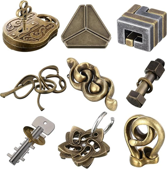 Wettarn 9 Pcs Metal Brain Teaser Puzzles 3D Steel Puzzle Set for Adults IQ Logic Challenge Disentanglement Unlock Interlocking Games Smart Logic Test Toys for Adults Mind Challenge(Retro Style)