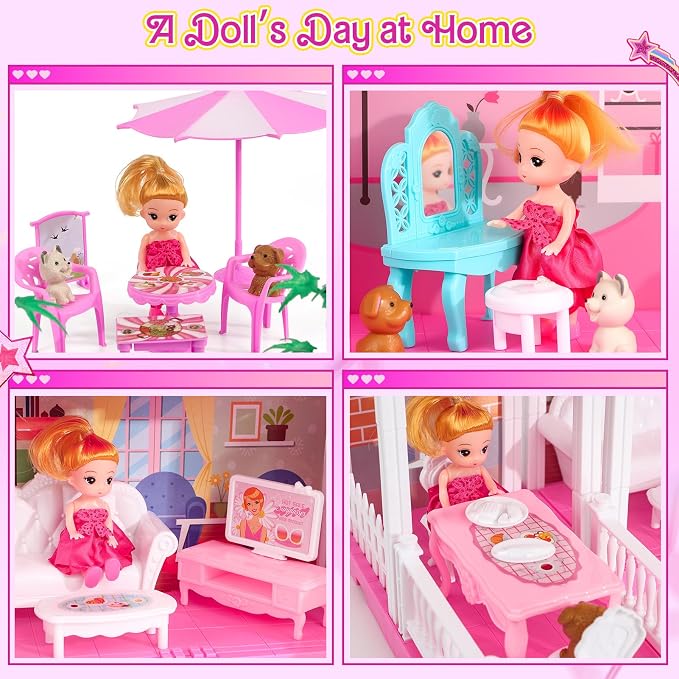 TUZT 2-Story Doll House with Stairway, Toy Figure, Pet Dogs, Furniture and Accessories, Pretend Play Dream Dollhouse with Light, Christmas Birthday Gifts for Kids Toddlers Girls Aged 3 4 5 6