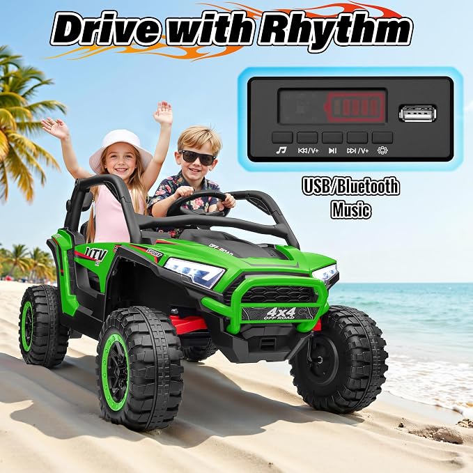 24V Ride on Car, 2 Seater XL 4X4 Off-Road UTV w/RMP2000W Powerful Motors, Remote Control, Bluetooth Music, LED Lights, 24 Volt Ride on Toys for Big Kids, Green