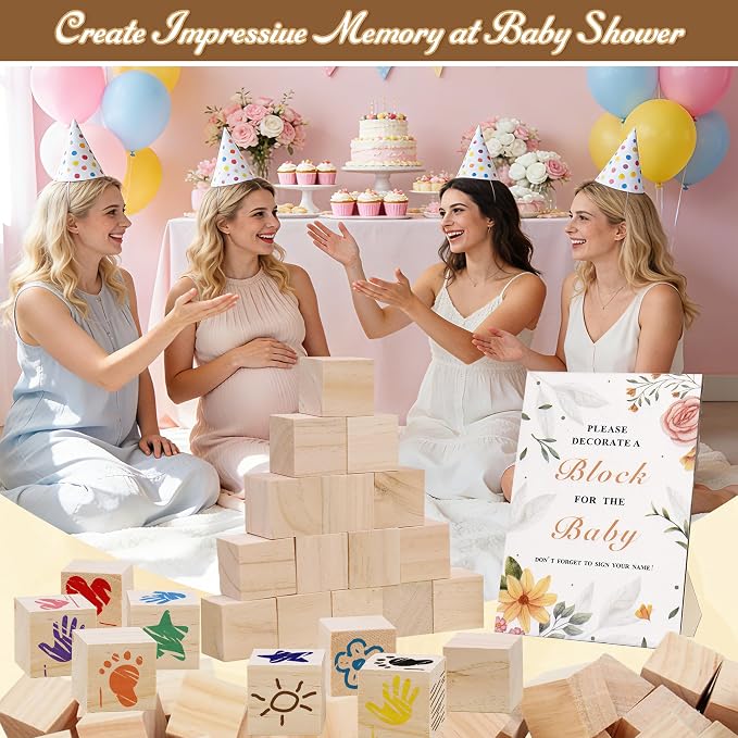 77 PCS Shower Games Sign Kit for Boys Girls, 1 Wooden Game Sign, 52 Blank Wooden Blocks for DIY Drawing, 24 Markers, Shower Game for Gender Reveal Activity, Shower Ideas Decorations