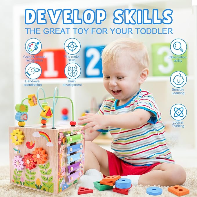 Wooden Activity Cube | Montessori Toys for 1 2 3 Year Old Toddlers | One Year Old 1st First Birthday Gift | Educational Toys for 12+ Months Baby Boys Girls | Bonus Sorting & Stacking Game (Pink)