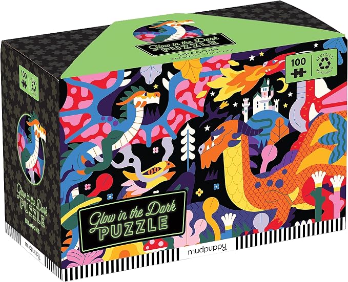 Mudpuppy Dragons – 100 Piece Glow in The Dark Jigsaw Puzzle with a Fantastical Scene of Fire Breathing Dragons and Hidden Medieval Details in The Dark