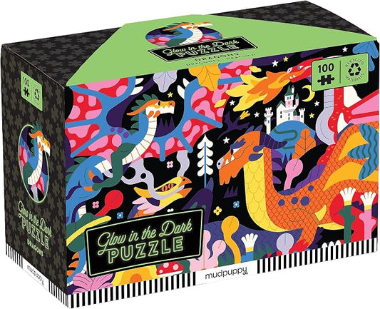 Mudpuppy Dragons – 100 Piece Glow in The Dark Jigsaw Puzzle with a Fantastical Scene of Fire Breathing Dragons and Hidden Medieval Details in The Dark