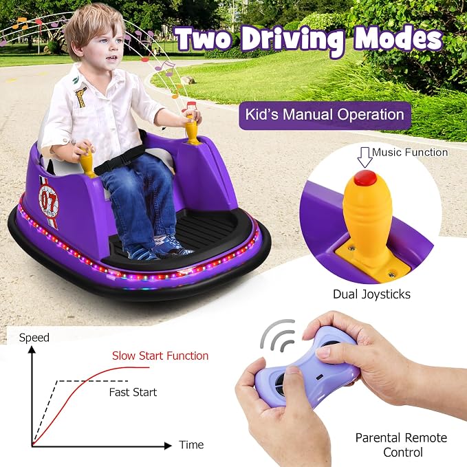 Costzon Bumper Car for Kids, 12V Electric Toddler Bumping Car with Remote Control, Dual Joysticks, 360 Spin, Music, Flashing Lights, Slow Star, Kids Bumper Car Ride on Toy for Boy Girl Gift (Purple)