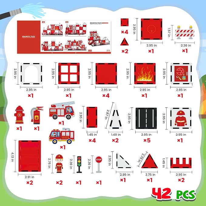 cossy Magnetic Tiles Firefighter Set, Magnet Tiles with Firefighter, Magnetic Tiles for Kids Ages 4-8, STEM Toys, Toys for 3 4 5 6 7 8 Year Old Boy and Girl, Creative Building Toys, Firefighter