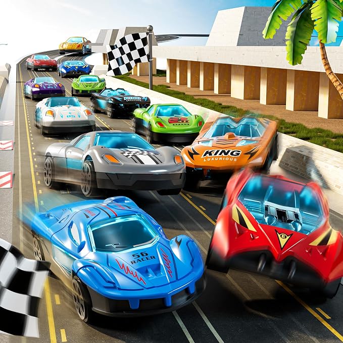 Race Track Truck Toys for 3 4 5 6 7 8 Years Old Boys, Carrier Vehicle Playset with 12 Die-Cast Racing Car Toys, 2-Tier Storage, Car Ramps, Birthday Gifts for Toddlers Kids Girls Age 3-5 4-8