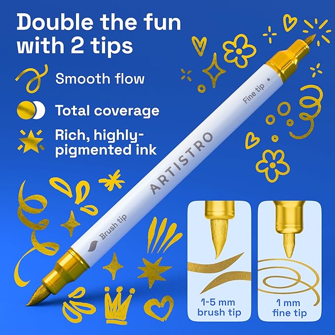 ARTISTRO 5 Gold Acrylic Paint Markers - Paint Pens for Drawing - For Fabric, Rock, Glass, Wood, Molds - Arts & Crafts Gift for Adults, Teens, Kids, Classroom Must Haves & School Supplies
