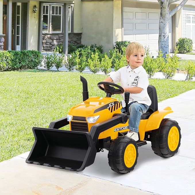 Costzon Ride on Excavator, 12V Kids Excavator Ride on Bulldozer with Remote Control & Adjustable Digger Bucket, LED Headlights, Music, Horn, USB, Electric Construction Ride on Toy for Kids 3-8, Yellow