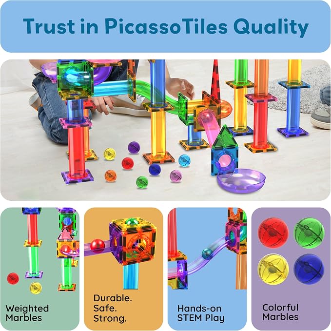 PicassoTiles 8pc Marbles for Magnetic Block Tiles Marble Run Race Track Magnet Building Tile Blocks Racetrack Maze Construction Toys Creative Toy Girls Boys 3 and Up Early Education STEM Learning Kit