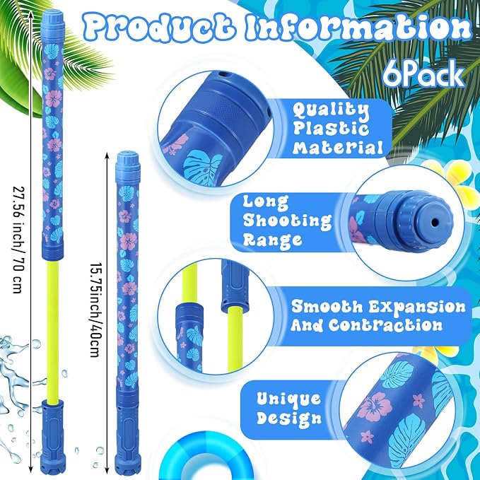 Halloscume 6 Pcs Kids Water Guns Bulk Hawaiian Party Favors 15.75" Palm Leaves and Flowers Water Squirters Blaster Shooters for Summer Swimming Pool Beach Cartoon Birthday Gifts Supplies
