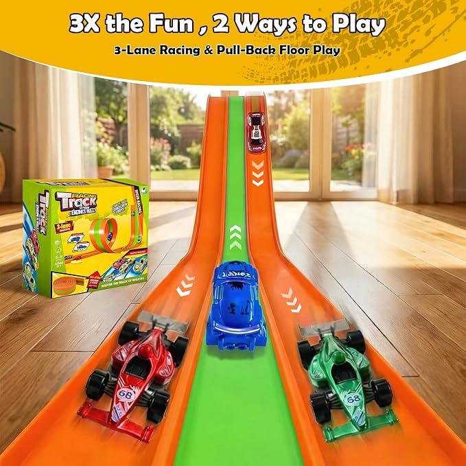 16ft Flex Track, Flexible Race Track for Kids 3-5 Year Old with 4 Pull-Back Cars, Portable Roll Up Racing Car Tracks for Toddlers, Birthday Gifts for Boys Girls (3 Lane - Green & Orange)