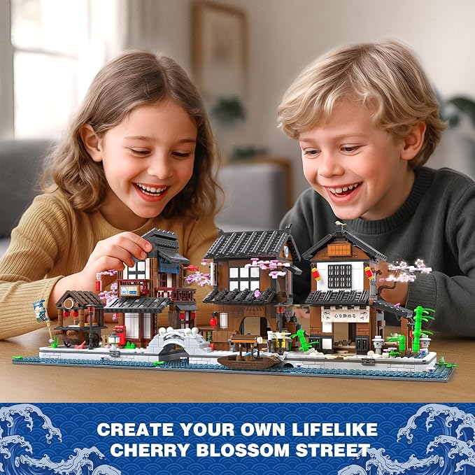 Traditional Japanese Cherry Blossom Village Building Set, Sakura Street View Architecture Building Block - Izakaya & Tea House, Collectible Construction Toy Gift for Adults & Anime Fans, 2058Pcs