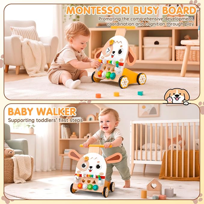 Wooden Baby Walker, 6-in-1 Push Walker for Toddlers | 6-in-1 Puppy Activity Walker with Shape Sorter, Bead Maze, Gears and Rubber Wheels for Toddlers 12-36 Months