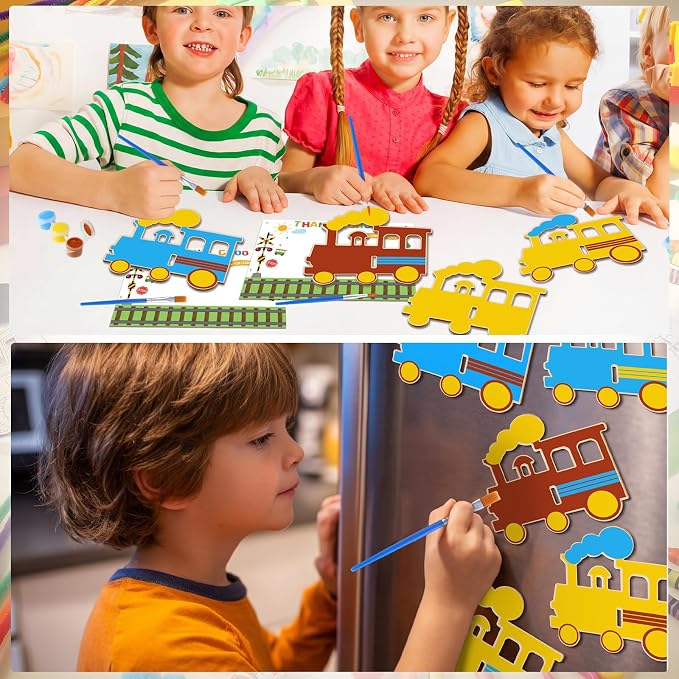 Seenelling 24 Set Train Birthday Party Favor Craft Include 24 Pcs DIY Wooden Painting Art Kit 24 Pcs Magnets 24 Gift Card 24 Wood Coloring Paint Gift 24 Transparent Bags Bulk for Classrooms Supplies