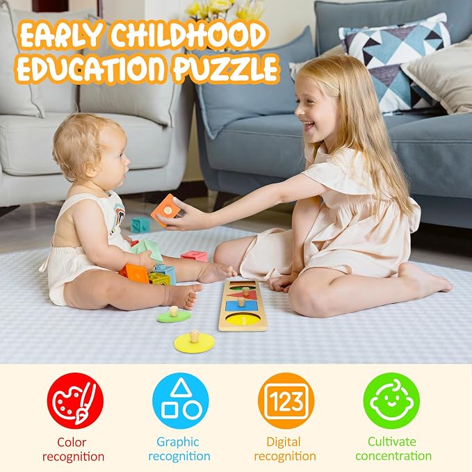 Montessori First Jumbo Knob Wooden Shape Puzzles for Toddlers,Montessori Multiple Peg Shapes Puzzle Sorter Board for Baby Kids Boy Girl,Preschool Learning Peg Puzzle Board Toys
