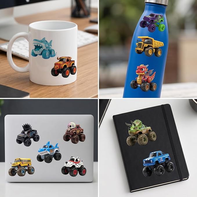 Monster Truck Temporary Tattoos for Kids - 96 Pcs Pre-Cut 3D Cute | Art Style Tattoos, 8 Sheets Dinosaur & Shark Truck Stickers for Boys Birthday Party Favors, Goodie Bag Stuffers, Rewards