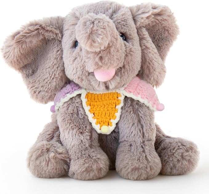 Hopearl Adorable Plush Calf Elephant Toy with Colorful Knitted Bib Floppy Elephish Ultra Soft Haggable Stuffed Animal Holiday Birthday Gift for Boys Girls Kids Toddlers, Gray, 9''