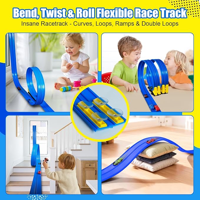 15 Ft Flexible Race Track for Kids 3+, Flexible Car Track Race Car Ramp Track Compatible with Hot Wheels and Diecast 1/64th Cars, Portable Rolls Up Race Tracks with Strong Suction Cups (Red)