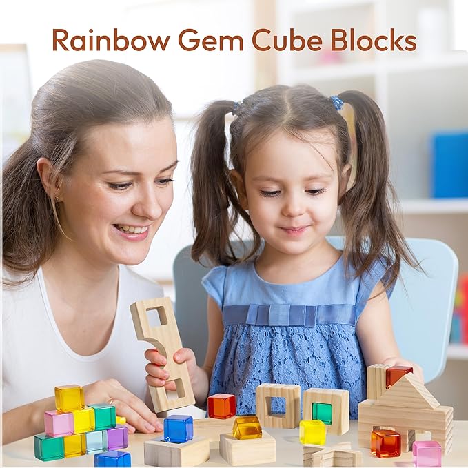 Woodtoe Wooden Rainbow Building Blocks Set for Toddlers, 22 PCS Wooden Blocks & 25 PCS Gem Cubes Stacking Blocks, Montessori Stacking Toys, Educational STEM Birthday Toys Gifts for Kid Boy Girl 3-6