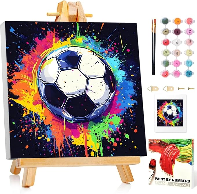 Paint by Numbers Kit for Kids with Frame, Soccer Paint by Numbers Ages 4-8-12, Craft Kts for Kids for Wall Art Decor Gifts 7.8x7.8 inch (with Frame Easel)