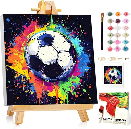 Paint by Numbers Kit for Kids with Frame, Soccer Paint by Numbers Ages 4-8-12, Craft Kts for Kids for Wall Art Decor Gifts 7.8x7.8 inch (with Frame Easel)