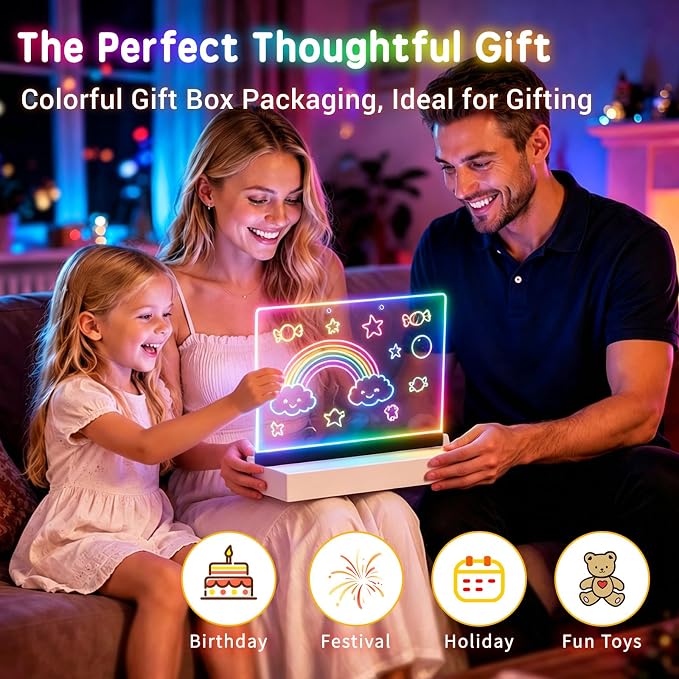 Rechargeable Led Drawing Board for Kids' Dry Erase Boards w/ 12 LED Light Effects,Art Kit Drawing Tablet,Drawing Pad for Kids Gifts for Boys,Girl Birthday Gift for 3-6 7 8 9 10 Year Old Travel