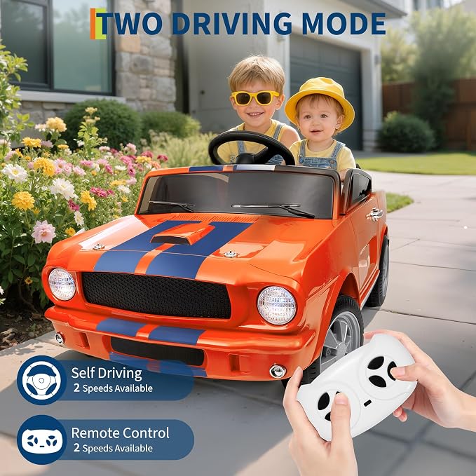 Garvee 24V 2 Seater Ride on Licensed Shelby GT350, Battery Powered Ride on Toys for Kids with Remote Control, Ford Shelby Kids Electric Vehicle 2 Seat, Safety Belt, 2 Speeds, LED Lights, Orange
