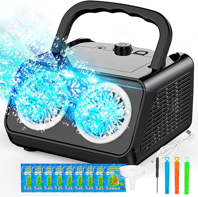 SHCKE Automatic Bubble Machine with 2 Fans,20000+ Bubbles/Min | Dual power USB-C/AA, No-Leak Sealed Bottle,Portable Bubble Maker for Pool, Wedding, Camping, Birthday Parties