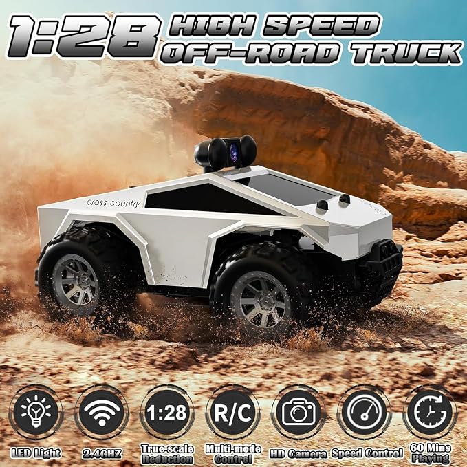 1:28 RC Cars Remote Control Car with 720P HD FPV Camera, All-Terrain RC Truck with Body Light Rechargeable Battery, Vehicle Toy Gifts for Adults Kids Boys and Girls