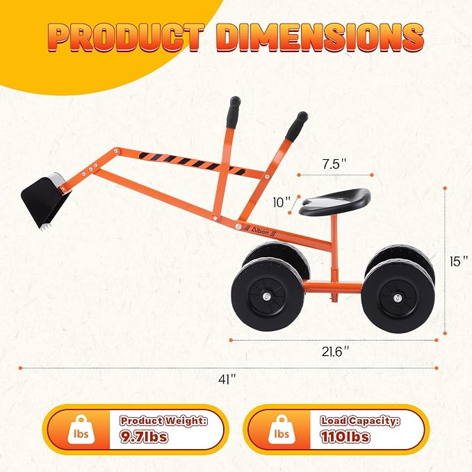 Albott Ride On Sand Digger Excavator Toys Working Crane with 8 inches Wheels and 360° Rotation Seat (Orange)