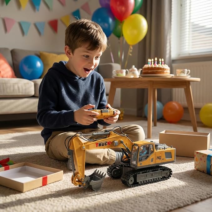 Remote Control Excavator,RC Excavator Toy 11CH Construction Digger,Construction Toys Rc Excavator for Adults,Metal Dig Bucket, Lights Sounds,3 4 5 Year oldGift for Birthday