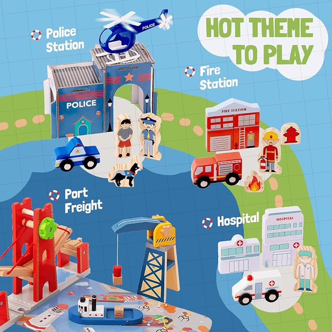 Giant bean 117 Pcs Busy Port City Wooden Train Set for Kids- Expandable & Changeable Wooden Train Track Set Toy, for Boys & Girls Ages 3-14