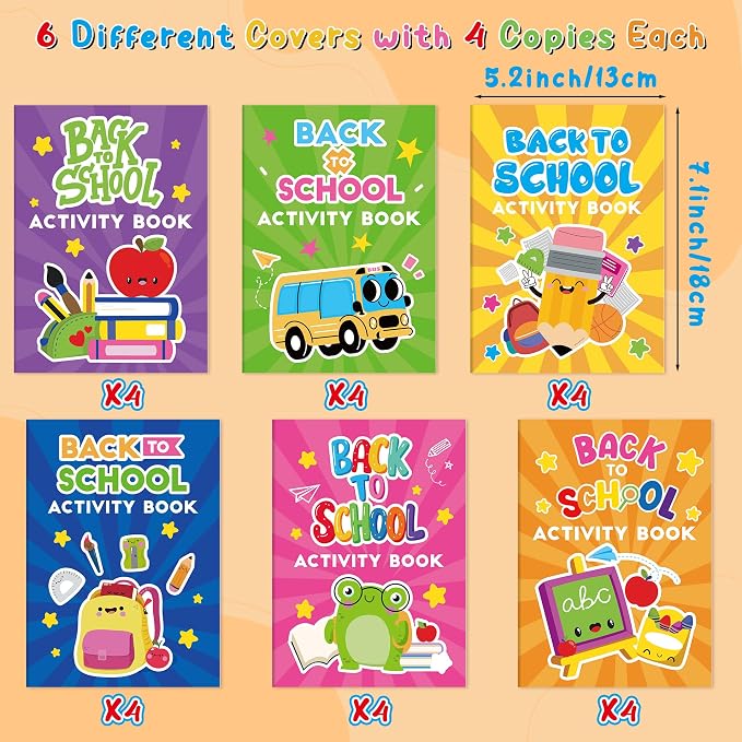 Back to School Activity Books for Kids - 24Pcs First Day of School Mini Games Coloring Book Set Bulk Mazes Word Search Word Scramble Games for Classroom DIY Art Gifts New School Year Party Favors