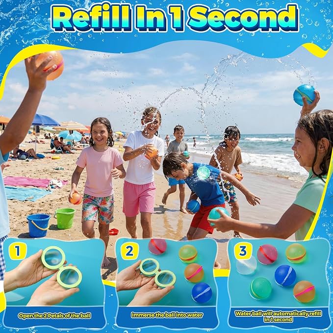 Reusable Water Balloons,12 Pcs Magnetic Splash Refillable Balls,Summer Water Toys for Kids Pool Beach & Outdoor (12pcs)