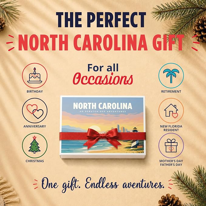 North Carolina Bucket List Scratch Off Cards - 40 Adventure Cards with Region Split Map, Hidden Gems, Scenic Escapes & Local Favorites - Travel Gift for Couples, Families, Friends & Tourists