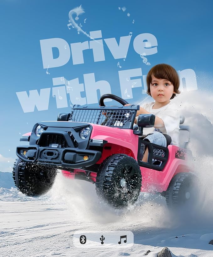 ELEMARA 12V Ride on Toys, Electric Vehicles for Kids w/3 Speeds, 3.5 mph Max, Ride on Car with Remote Control, Motorized Truck, Toddler Electric Car w/Bluetooth, LED Lights,Shock Absorbers-Light Pink