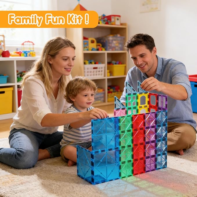 Antibacterial Magnetic Tiles 124PCS, STEM Toy for Kids Aged 3+ | 4 XL squares, Bacteria resistant, Safer play, EPA-registered, Fits other brands, ABS plastic, Montessori toy, Classroom gift