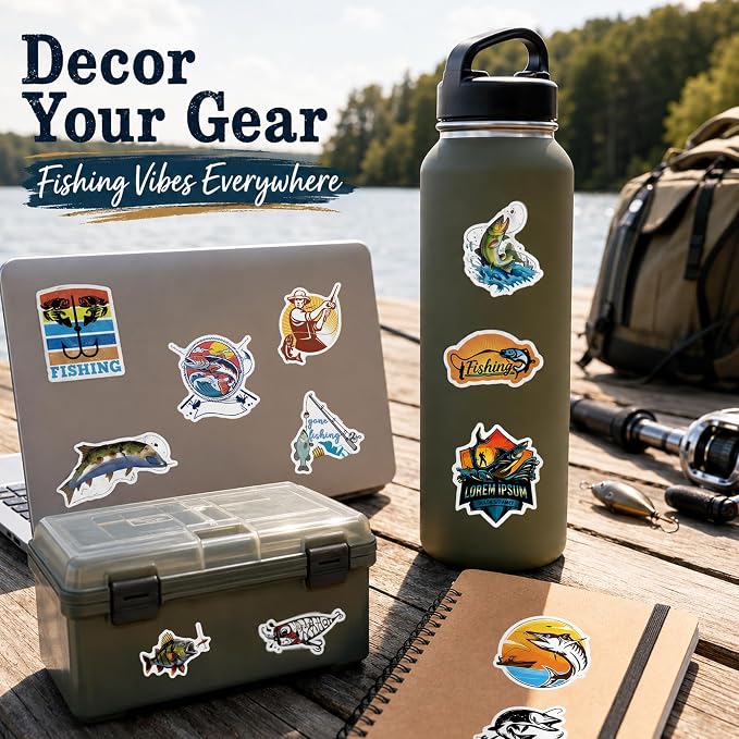 QTL Fishing Stickers for Men Adults, Fishing Party Supplies, Waterproof Vinyl Stickers for Water Bottles and Laptop, 60PCS