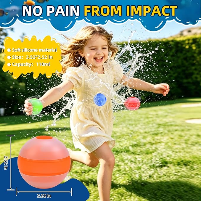 Reusable Water Balloons for Kids, Outdoor Summer Pool Beach Water Toys, Refillable Quick Fill Water Balloons for Boys and Girls Ages 3+ (6Pcs)