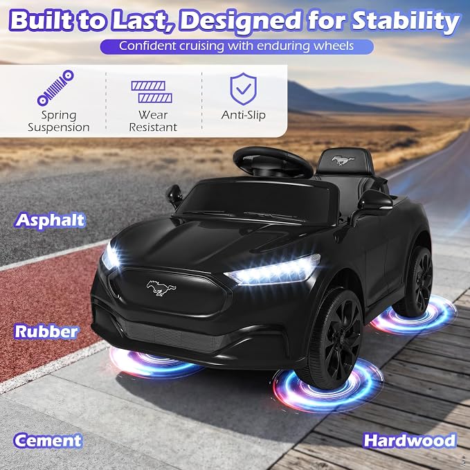 Costzon Ride on Car, 12V Licensed Ford Mach E Kids Electric Vehicle with Parent Remote, LED Lights, Horn, Music, Wireless Connection & Spring Suspension, Kids Car Toy for Girls Boys (Deep Black)