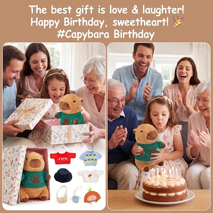10 Pcs Capybara Plush Toy Set | Cute Capybara Stuffed Animal, 9 Clothes and Accessories, Dress Up Soft Plush Doll, Ideal Gift for Kids