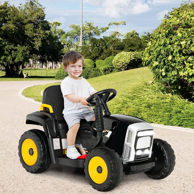 HONEY JOY Ride On Tractor with Trailer, 12V Electric Vehicle for Kids, 3-Gear-Shift Ground Loader, LED Lights, Horn, Music, Battery Powered Ride On Car with Remote Control, Gift for Boys Girls(Black)