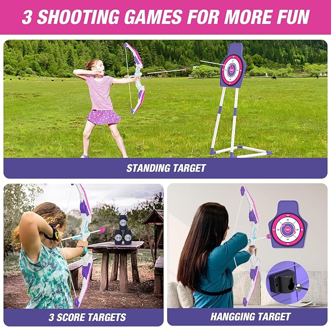 HYES Bow and Arrow for Kids 4-6, LED Light Up Archery Set with 12 Suction Cup Arrows, 1 Standing Target, 3 Score Targets&1 Quiver, Indoor Outdoor Sport for Boys Girls Ages 8-12, Purple