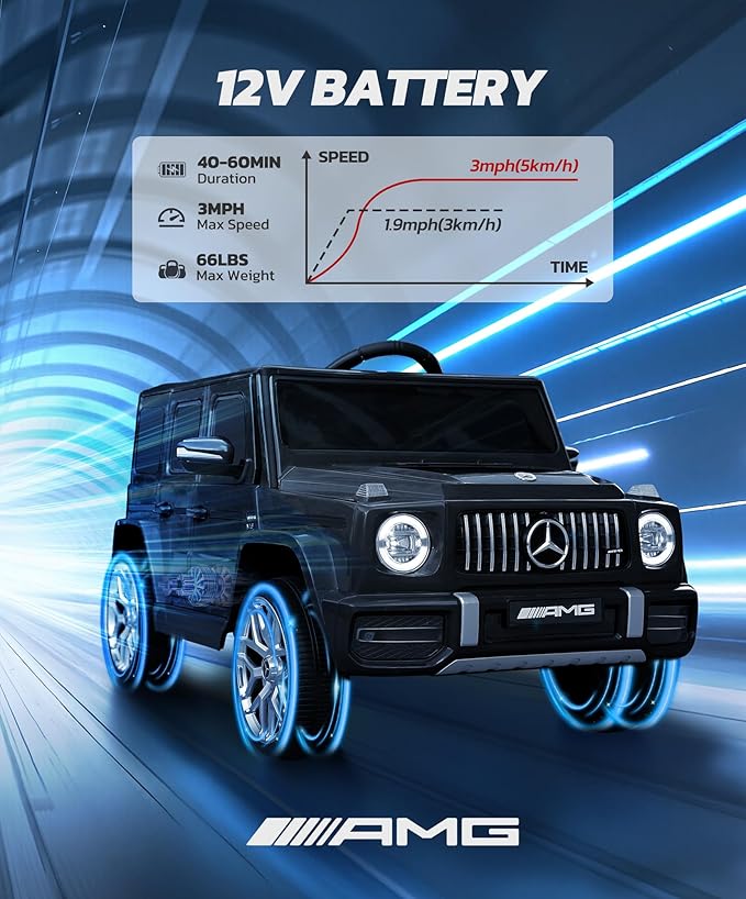 ELEMARA Licensed Mercedes-Benz AMG G63 Ride on Toys,12V Ride on Car with Remote Control,Rechargeable Battery,Flickering Lights/LED Lights, Bluetooth,Music & Horn, Soft Start, Low Battery Prompt,Black