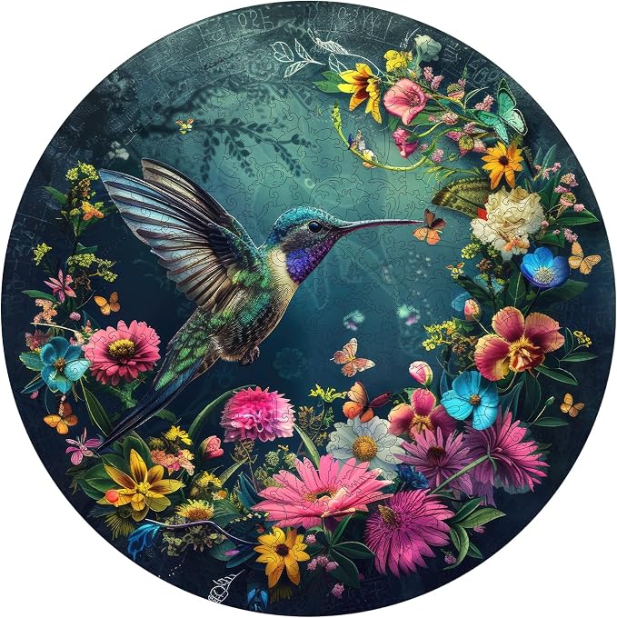 Mys Aurora Wooden Puzzles for Adults, Hummingbird Jigsaw Puzzles 200 Pieces, Unique Shaped Round Flower Puzzles for Adults and Kids, Family Game 11.2 x 11.2 Inch Medium Size