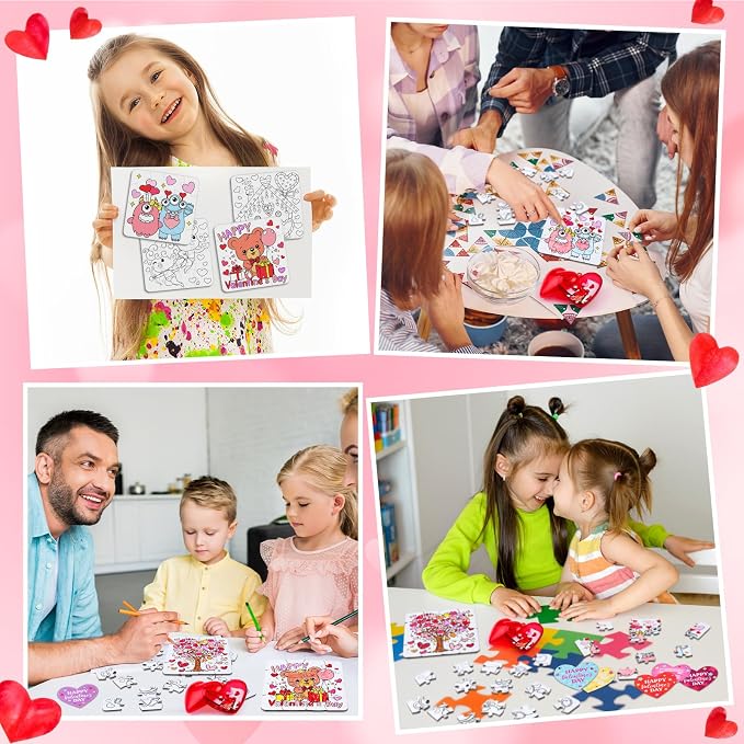 Realspring 24 Set Valentine Puzzles Gifts for Kids Include 24 DIY Color Your Own Valentine‘S Day Jigsaw Puzzles 24 Red Heart Eggs Card for Classroom Reward Exchange Gift Jigsaw Toys Birthday