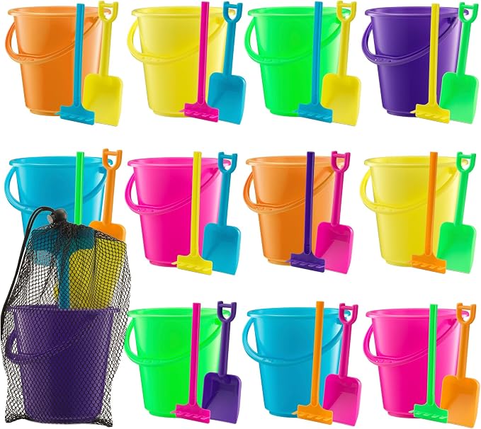 Mini 4.5-Inch Beach Buckets for Kids - (12 Pack) Sand Buckets and Shovels with Rakes - Small Beach Pails - Sturdy Unbreakable Plastic - Beach Party Favors for Toddlers Ages 3-6