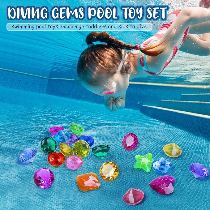 DISHIO Diving Gem Pool Toys 16PCS Large Swimming Pool Toy Set with Pirate Treasure Box Chest for Kids Toddlers Underwater Sinking Dive Gems Colorful Diamond Diving Toys for Swimming Training